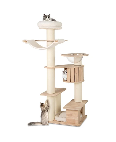 Gymax 69'' Tall Cat Tree Wooden Kitten Tower w/ 2 Condos Cozy Top Perch Space Capsule