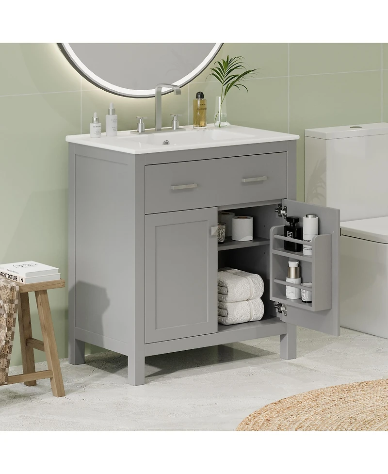 Lovmor 30inch Bathroom Vanity with Ceramic Sink Modern Gray Single Bathroom Cabinet with 2 Doors and a Shelf Soft Close Doors