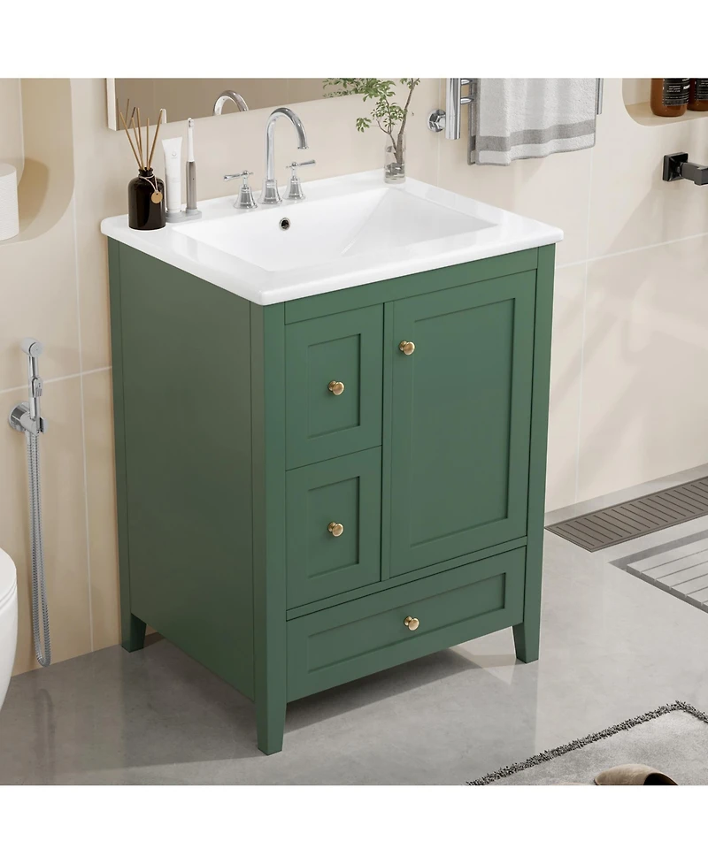 Lovmor Bathroom Vanity with Storage Adjustable Shelf Mdf Rubberwood Removable Dividers Dark Green Finish