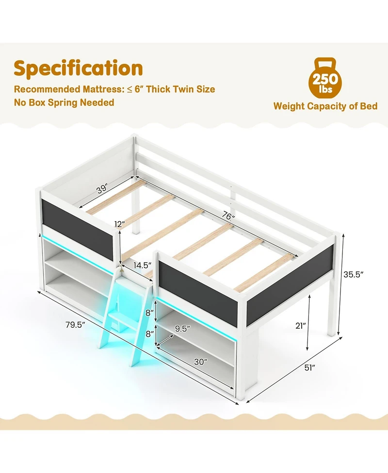 Gymax Low Loft Bed Twin Wooden Frame Kid's Cabin w/ Bookcases