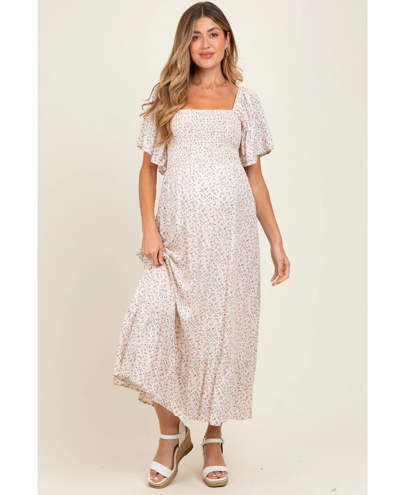 Pinkblush Cream Multi Ditsy Floral Smocked Maternity Midi Dress