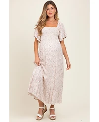 Pinkblush Cream Multi Ditsy Floral Smocked Maternity Midi Dress