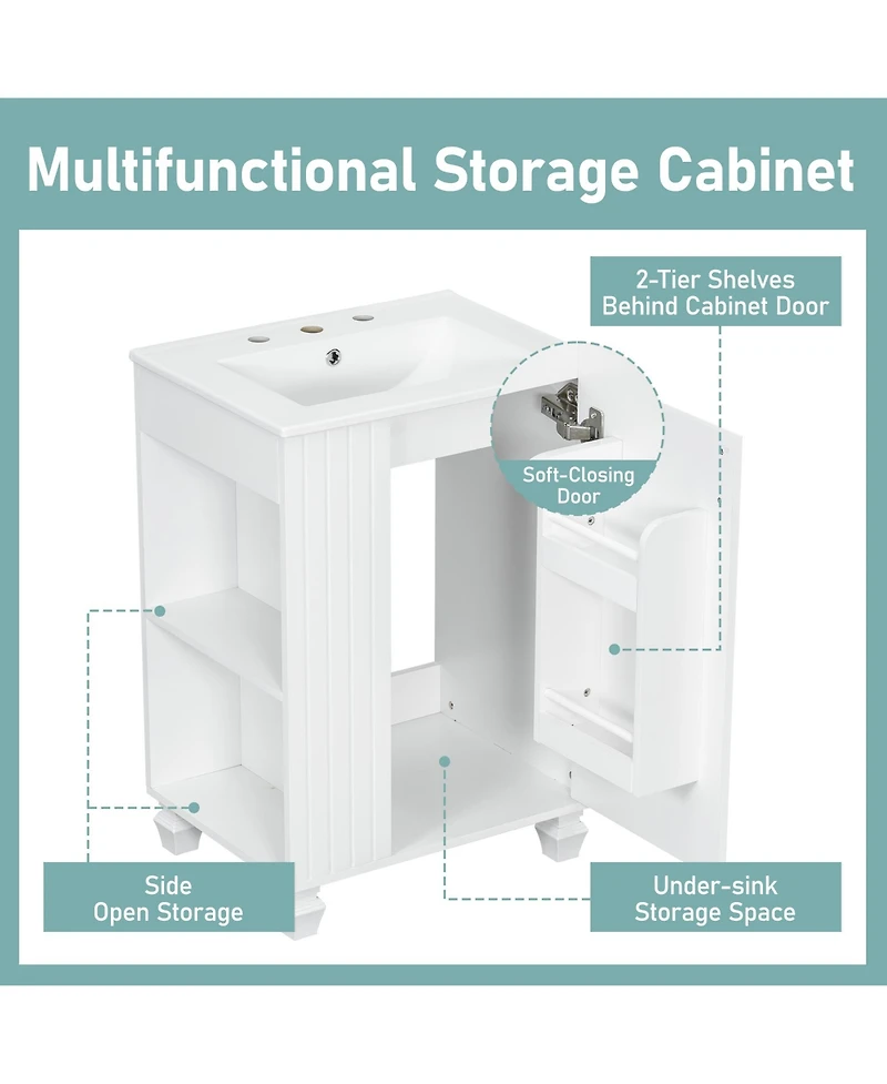 Lovmor 24inch Bathroom Vanity with Sink Bathroom Cabinet with Door Shelf Side Open Storage Solid Wood Frame Soft Closing Door White
