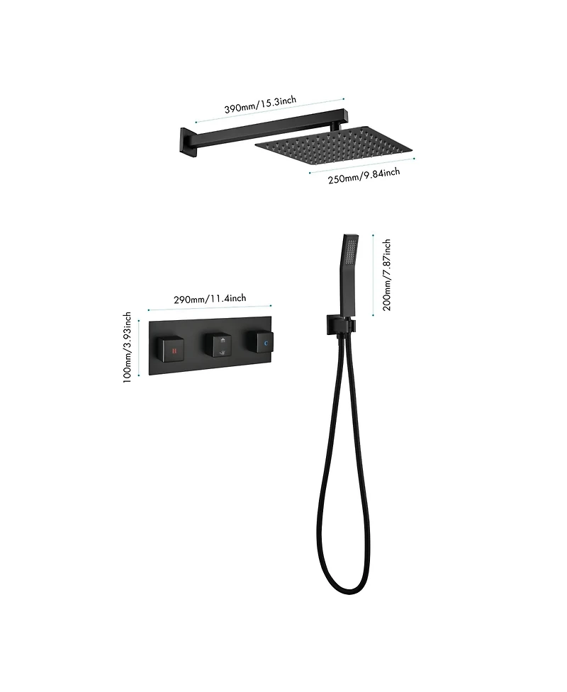 Rainsken Brass Matte Black Shower Faucet Set Shower System 10 Inch Rainfall Shower Head with Handheld Sprayer Bathroom Luxury Rain Mixer Combo Set