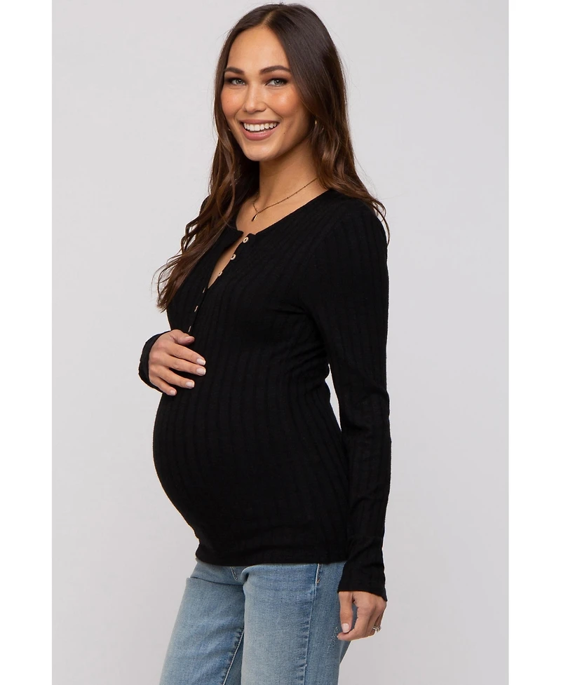 Pinkblush Black Ribbed Knit Button Long Sleeve Maternity Top
