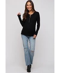 Pinkblush Black Ribbed Knit Button Long Sleeve Maternity Top