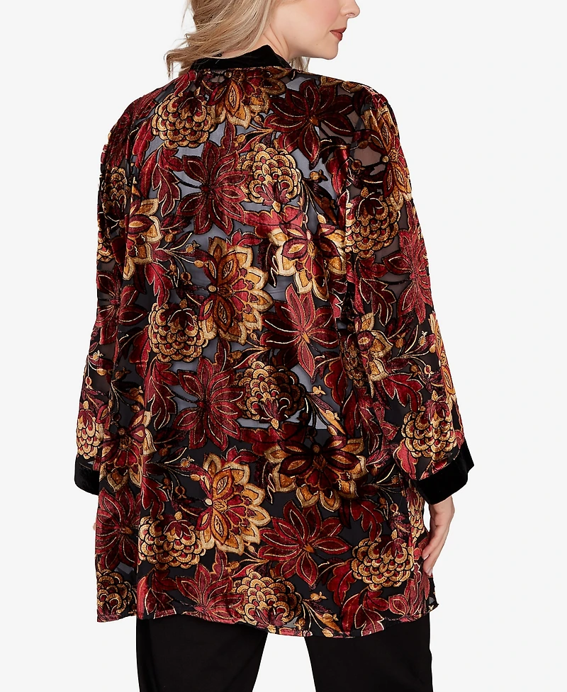 Ruby Rd. Plus Printed Velvet Burnout Open Cardigan Jacket