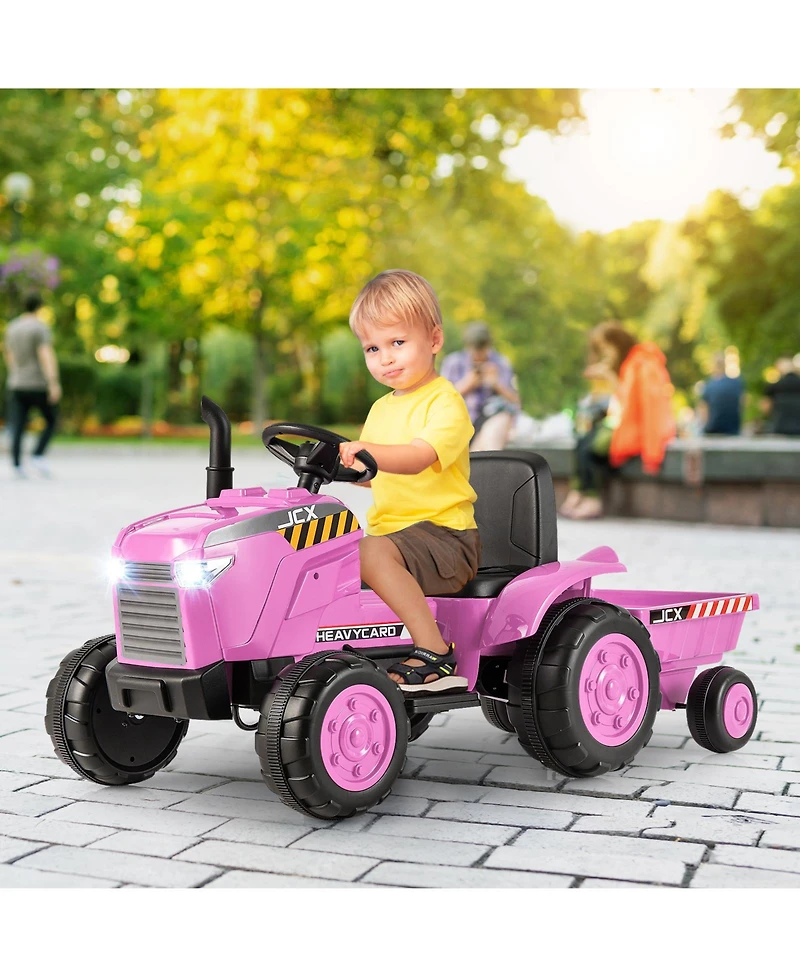 12V Kids Ride On Tractor with Trailer and Remote Control-Pink