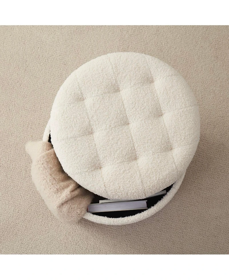 Ornavo Home Donovan Round Tufted Boucle Storage Ottoman - White