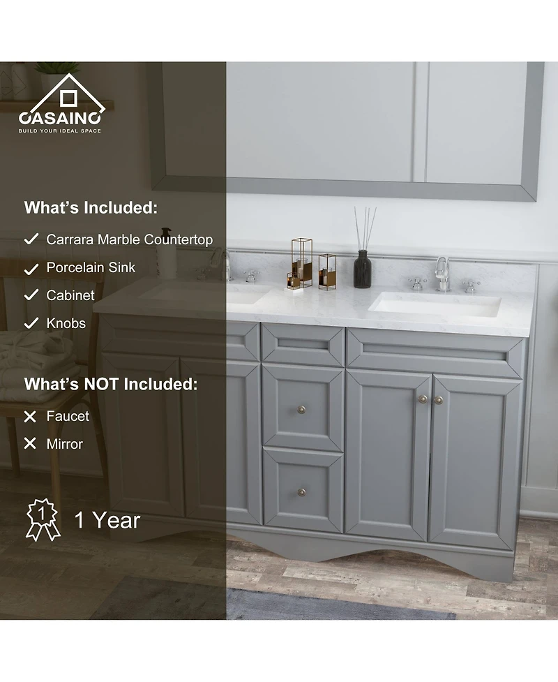 Casainc 60-Inch Solid Wood Bathroom Vanity with Marble Top and Ceramic Basin