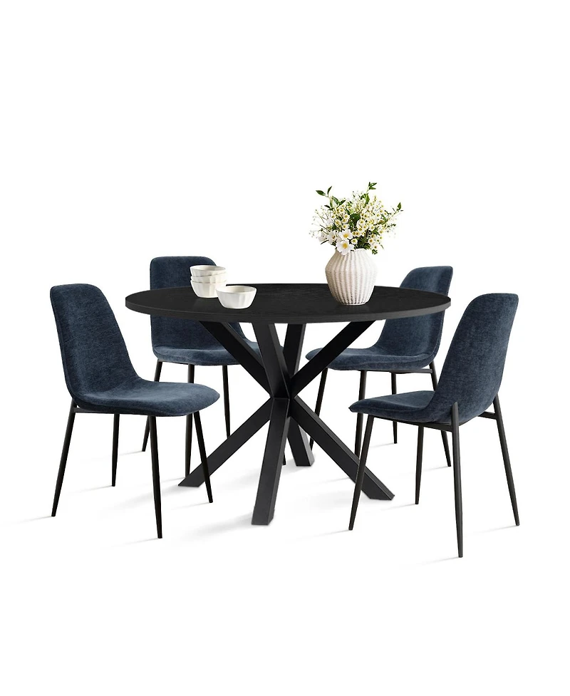5-Piece 39.4" Round Black Dining Table Set with Starburst Base and 4 Boucle Fabric Chairs Curved Back Metal Legs-Maison