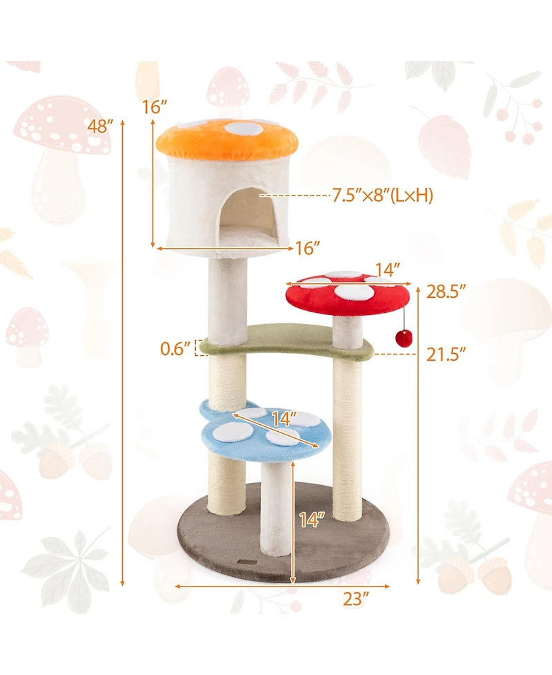 Gymax Cute Mushroom Cat Tree 48'' Tall Cat Tower w/ Sisal Scratching Posts Top Condo