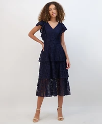 kensie Women's Tiered Lace Midi Dress