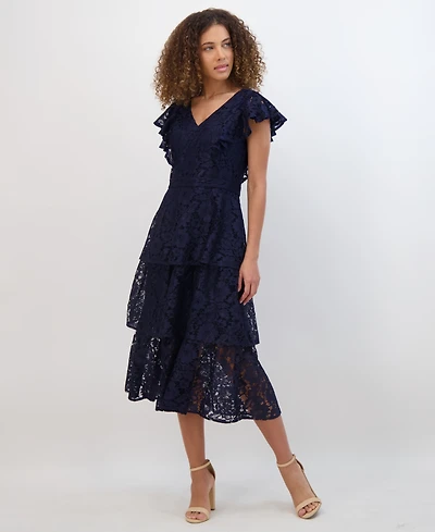 kensie Women's Tiered Lace Midi Dress