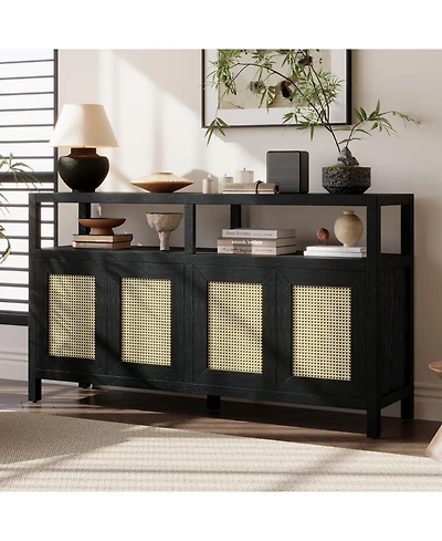 Streamdale Rattan Buffet Cabinet - Black, Push-to-Open, Adjustable Shelves