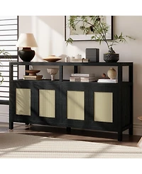 Streamdale Rattan Buffet Cabinet - Black, Push-to-Open, Adjustable Shelves