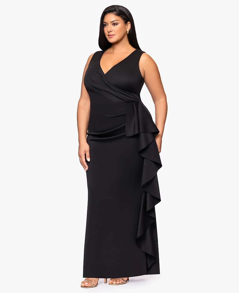 Betsy & Adam Plus Sleeveless Ruffled Ballgown Dress