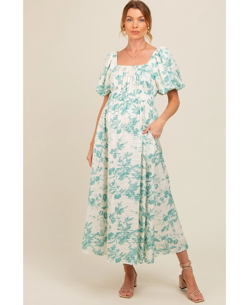 Pinkblush Maternity Teal Floral Puff Sleeve Midi Dress
