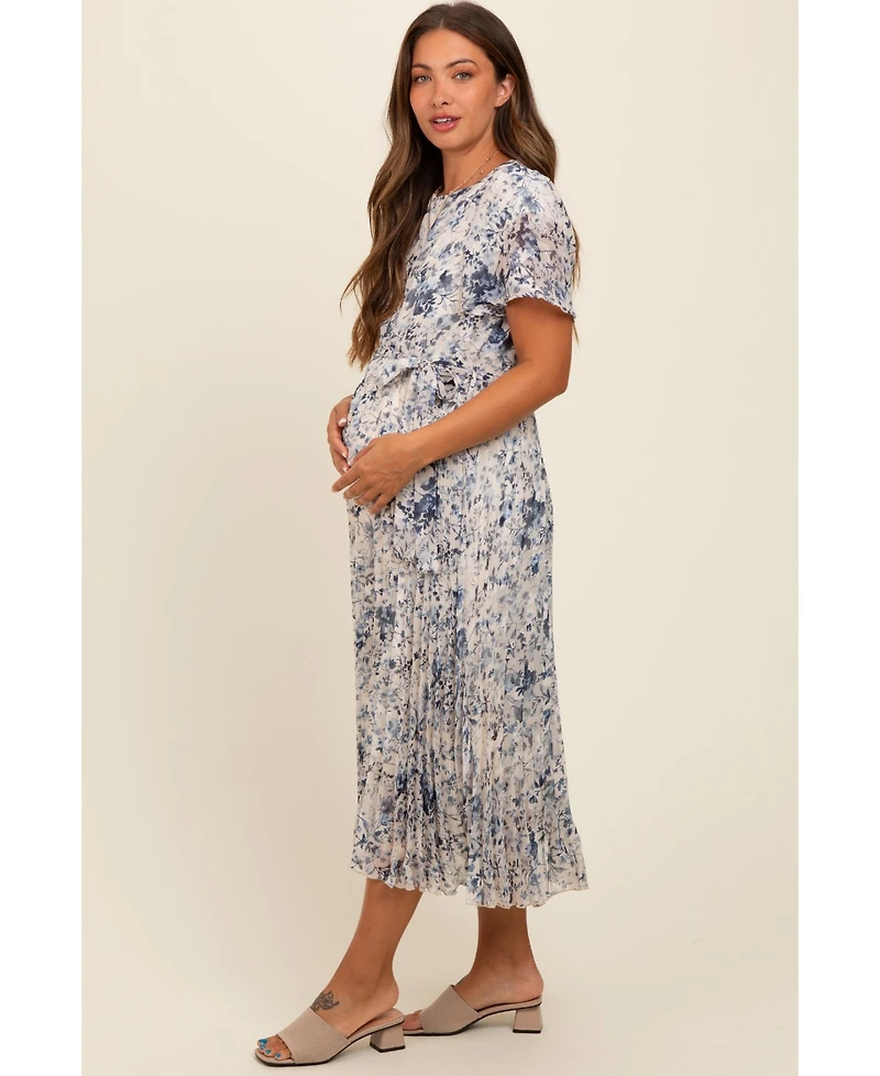 Pinkblush Maternity Cream Floral Pleated Midi Dress