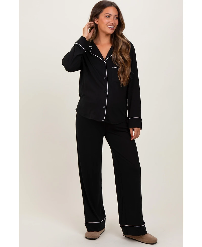 Pinkblush Maternity Black Button Down Top Wide Leg Pant Pajama Set