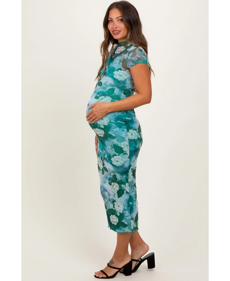 Pinkblush Maternity Green Floral Mesh Overlay Fitted Maxi Dress