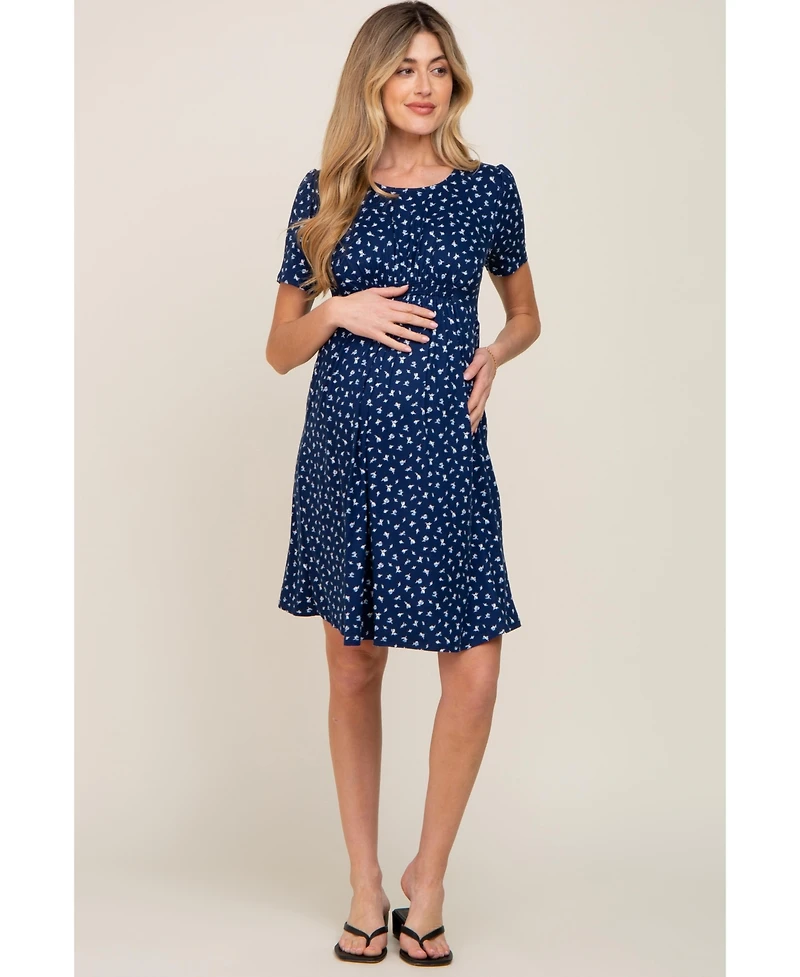 Pinkblush Maternity Navy Floral Smocked Short Sleeve Dress