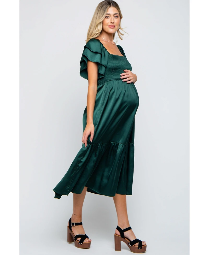 Pinkblush Maternity Forest Green Satin Flutter Sleeve Midi Dress