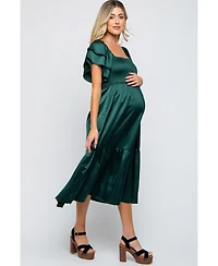 Pinkblush Maternity Forest Green Satin Flutter Sleeve Midi Dress