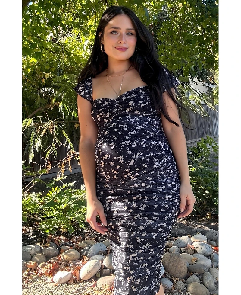 Pinkblush Maternity Black Printed Stretch Knit Ruched Dress