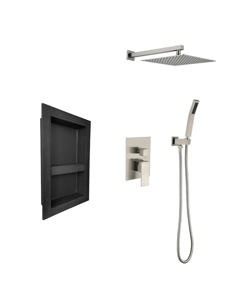 Rainsken Shower System with Rain Shower Head, Hand Shower Head, Water Control Valve, Shower Bracket, Hose and Niche