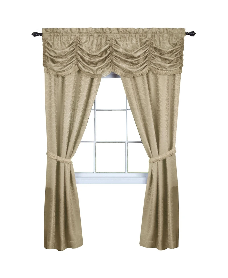 Kate Aurora Jacquard Damask Curtains With An Attached Austrian Valance & Tiebacks - 84 in. Long - Tan