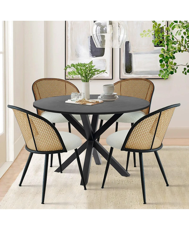 5-Piece Dining Table Set with 39.5 Inch Round and 4 Rattan-Inspired Chairs, Compact Kitchen Furniture–Maison Boucle