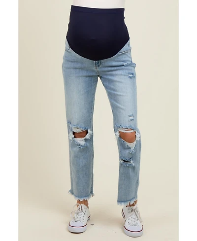 Pinkblush Maternity Light Blue Ripped Knee Fringe Hem Straight Leg Ankle Jeans