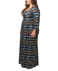 24seven Comfort Apparel Plus Brown Geometric Print 3/4 Sleeve Dress