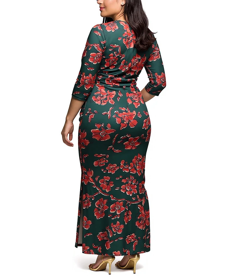 24seven Comfort Apparel Plus Floral Print Three Side Slit Maxi Dress
