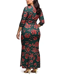 24seven Comfort Apparel Plus Floral Print Three Side Slit Maxi Dress