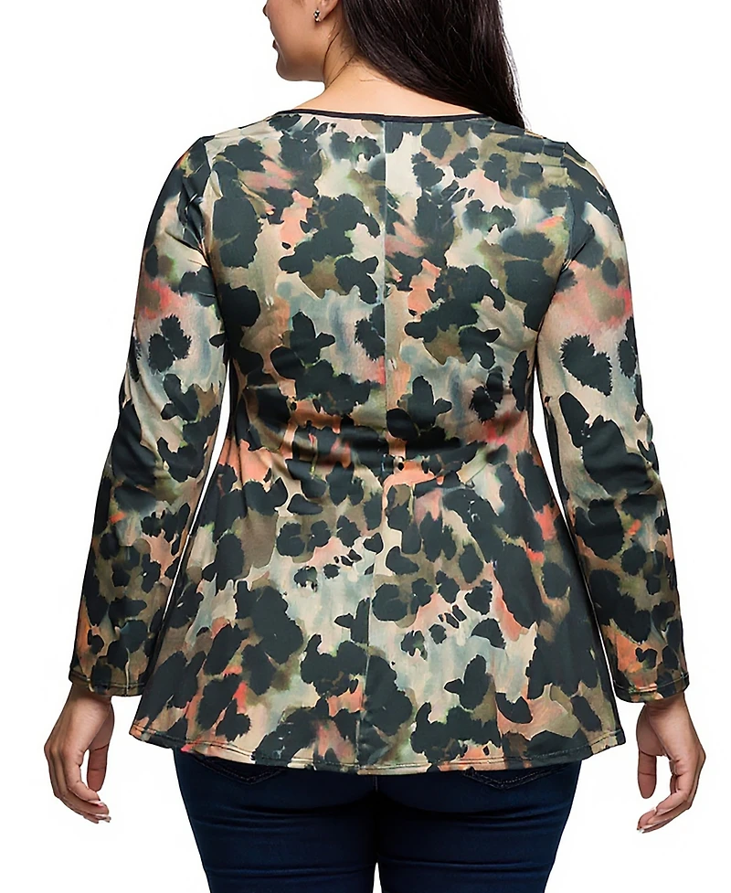 24seven Comfort Apparel Plus Multiprint Long Sleeve Scoop Neck A Line Top