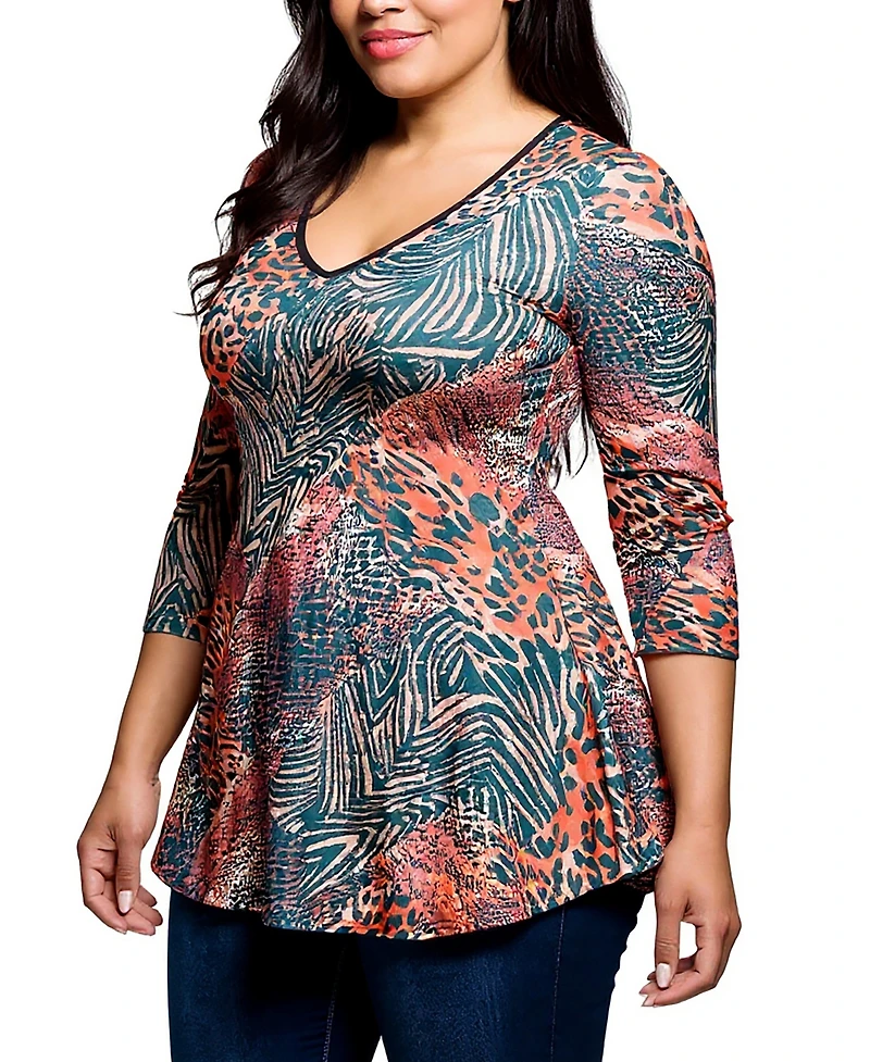 24seven Comfort Apparel Plus Animal Print V Neck Three Quarter Sleeve Tunic Top