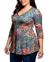 24seven Comfort Apparel Plus Animal Print V Neck Three Quarter Sleeve Tunic Top