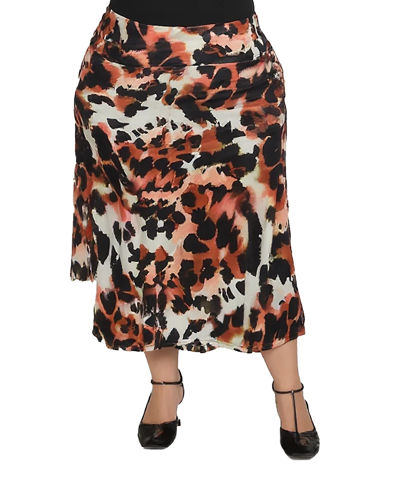 24seven Comfort Apparel Plus Animal Print Elastic Waist Midi Skirts