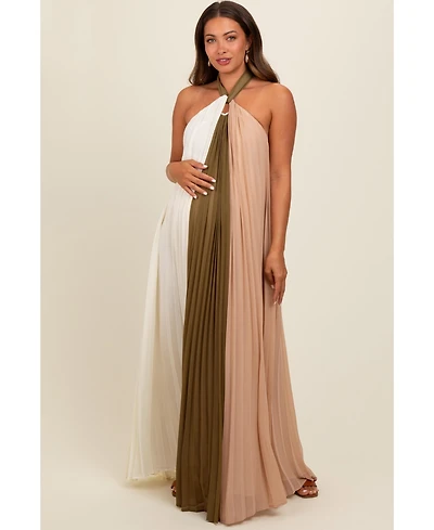 Pinkblush Maternity Olive Colorblock Pleated Halter Neck Maxi Dress