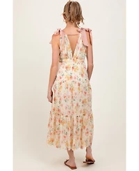 Pinkblush Maternity Cream Floral Shoulder Tie Deep V-Neck Tiered Maxi Dress