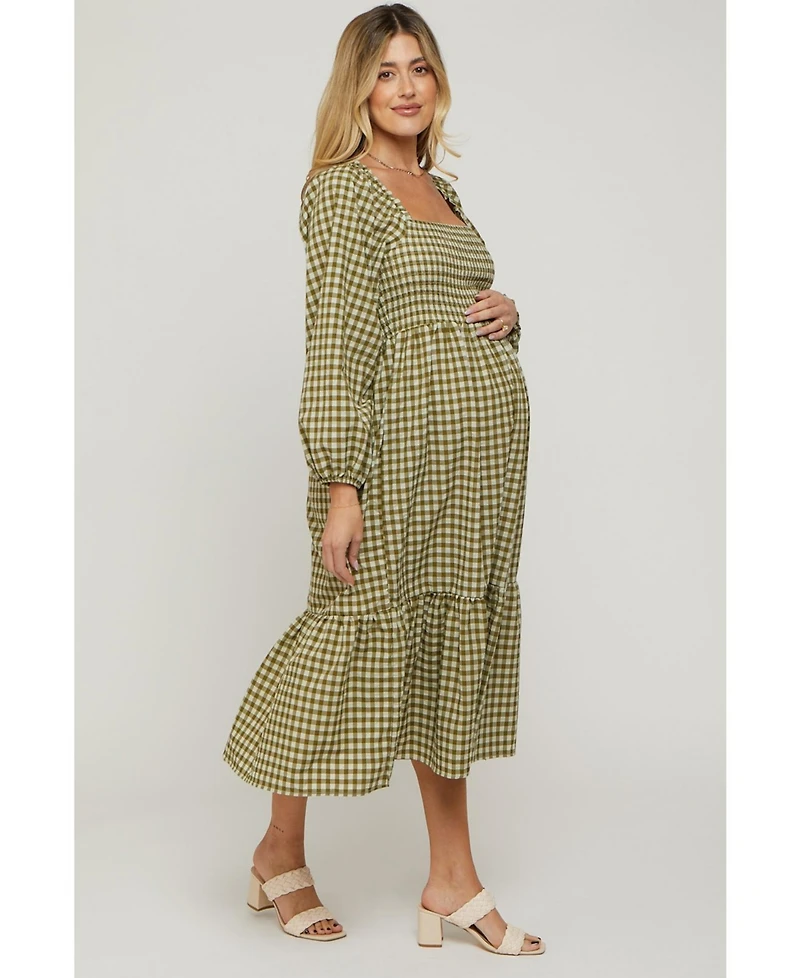 Pinkblush Maternity Olive Gingham Long Sleeve Midi Dress