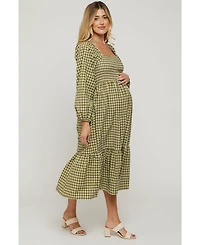 Pinkblush Maternity Olive Gingham Long Sleeve Midi Dress
