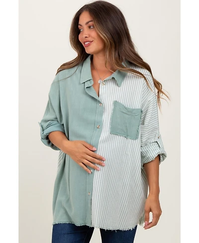 Pinkblush Maternity Light Olive Colorblock Stripe Oversized Button Down