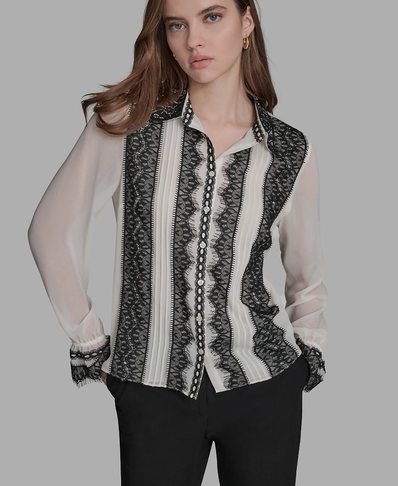 Bcbg Women's Long Sleeve Contrast Lace Top