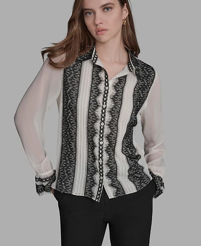 Bcbg Women's Long Sleeve Contrast Lace Top
