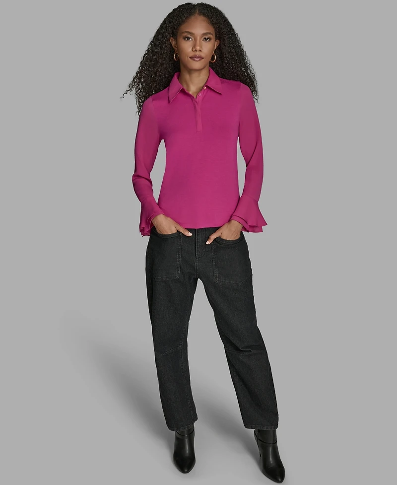 Bcbg Women's Long Sleeve Ruffle-Cuff Collared Top