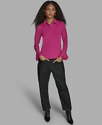 Bcbg Women's Long Sleeve Ruffle-Cuff Collared Top