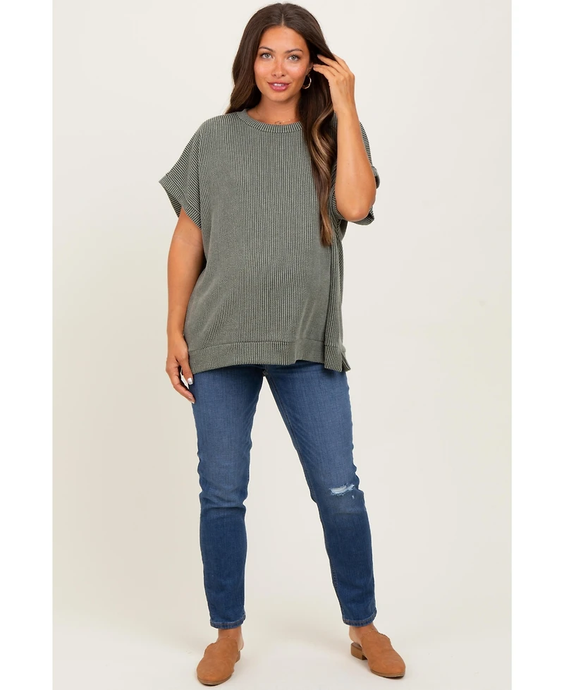 Pinkblush Maternity Olive Solid Ribbed Short Sleeve Oversized Tunic Top